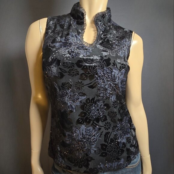 Vintage 90s Y2K  Black Flocked Velvet Top Size M Sleeveless Glitter Whimsigoth - Picture 1 of 9